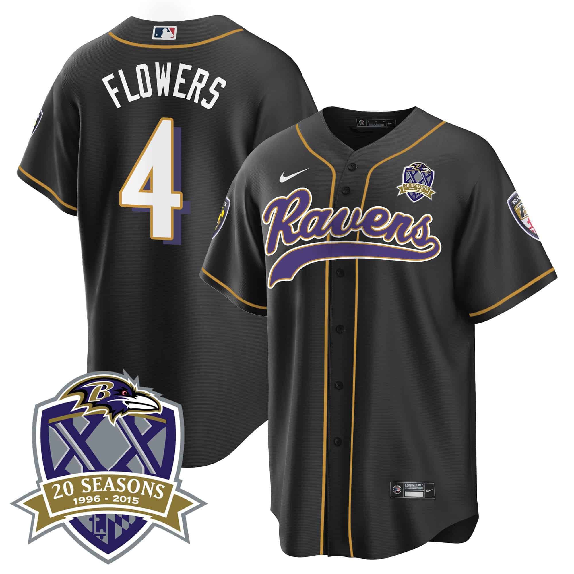 Men Baltimore Ravens #4 Flowers Black 2024 Nike 20th Season Patch Baseball NFL Jersey style 1